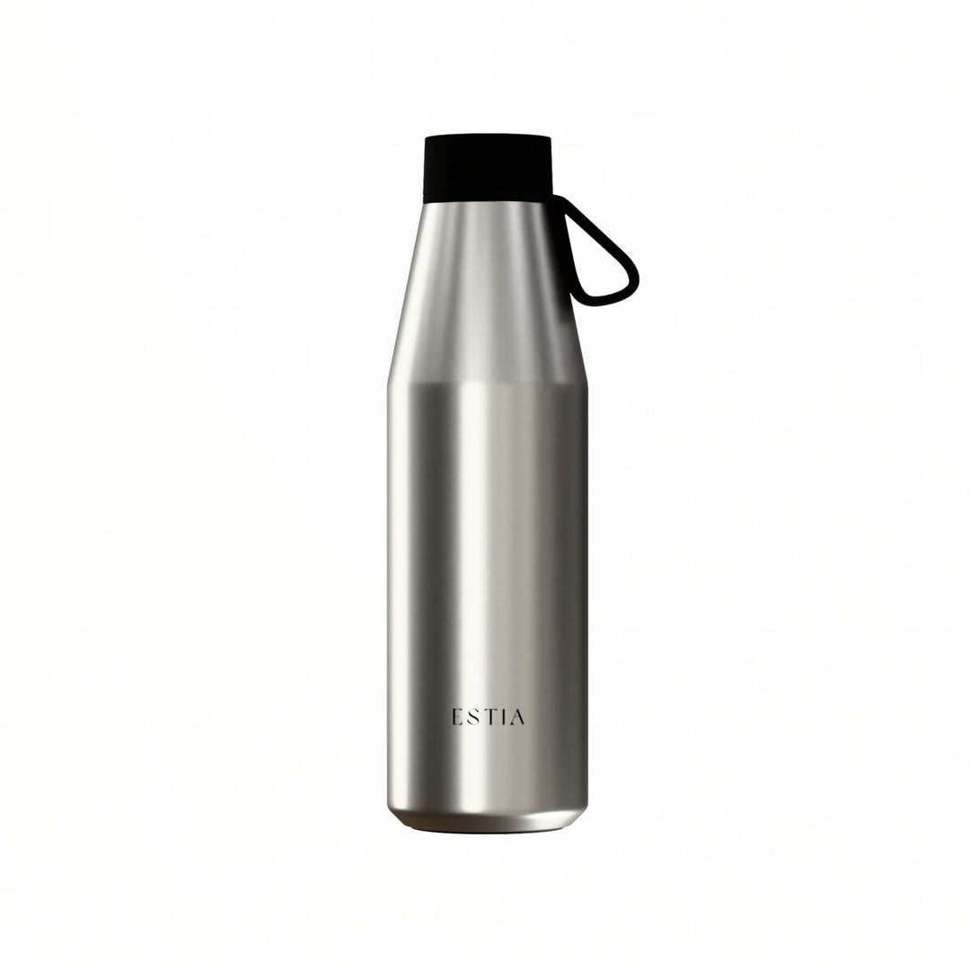 Θερμός Estia Flow Save The Aegean 500ml Brushed από ανοξείδωτο ατσάλι με βουρτσιστό φινίρισμα και μαύρο καπάκι με λουράκι σιλικόνης.