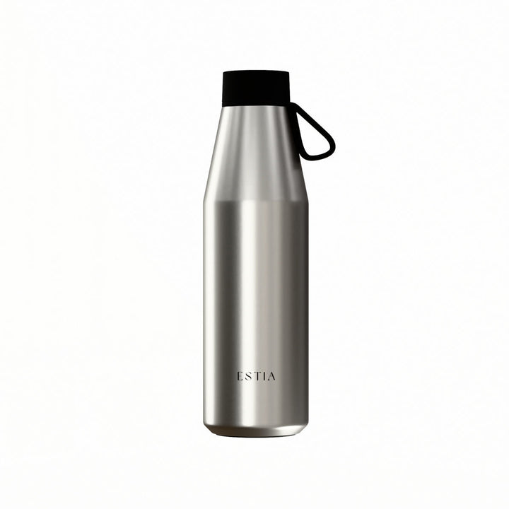Θερμός Estia Flow Save The Aegean 500ml Brushed από ανοξείδωτο ατσάλι με βουρτσιστό φινίρισμα και μαύρο καπάκι με λουράκι σιλικόνης.