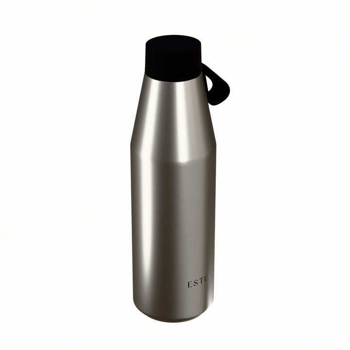 Πλάγια όψη θερμός Estia Flow Save The Aegean 500ml Brushed από ανοξείδωτο ατσάλι με βουρτσιστό φινίρισμα και μαύρο λουράκι σιλικόνης.