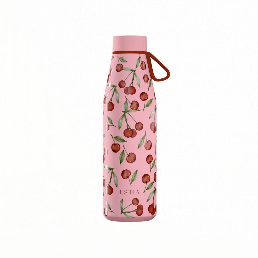 Θερμός Estia Flow Save The Aegean 500ml Cherry Rose σε ροζ χρώμα με σχέδιο κεράσια και λουράκι σιλικόνης.