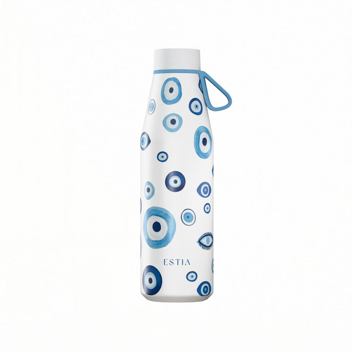 Θερμός Estia Flow Save The Aegean 500ml Spirit of Luck σε λευκό χρώμα με σχέδιο από μπλε μάτια, λευκό καπάκι και γαλάζιο λουράκι σιλικόνης.