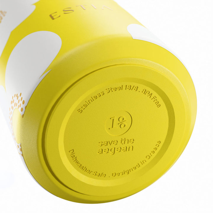 Αντιολισθητική βάση θερμός Flow Estia Save The Aegean 500ml Yellow Daisy από ανοξείδωτο ατσάλι 18/8 με σχεδίαση Save The Aegean.