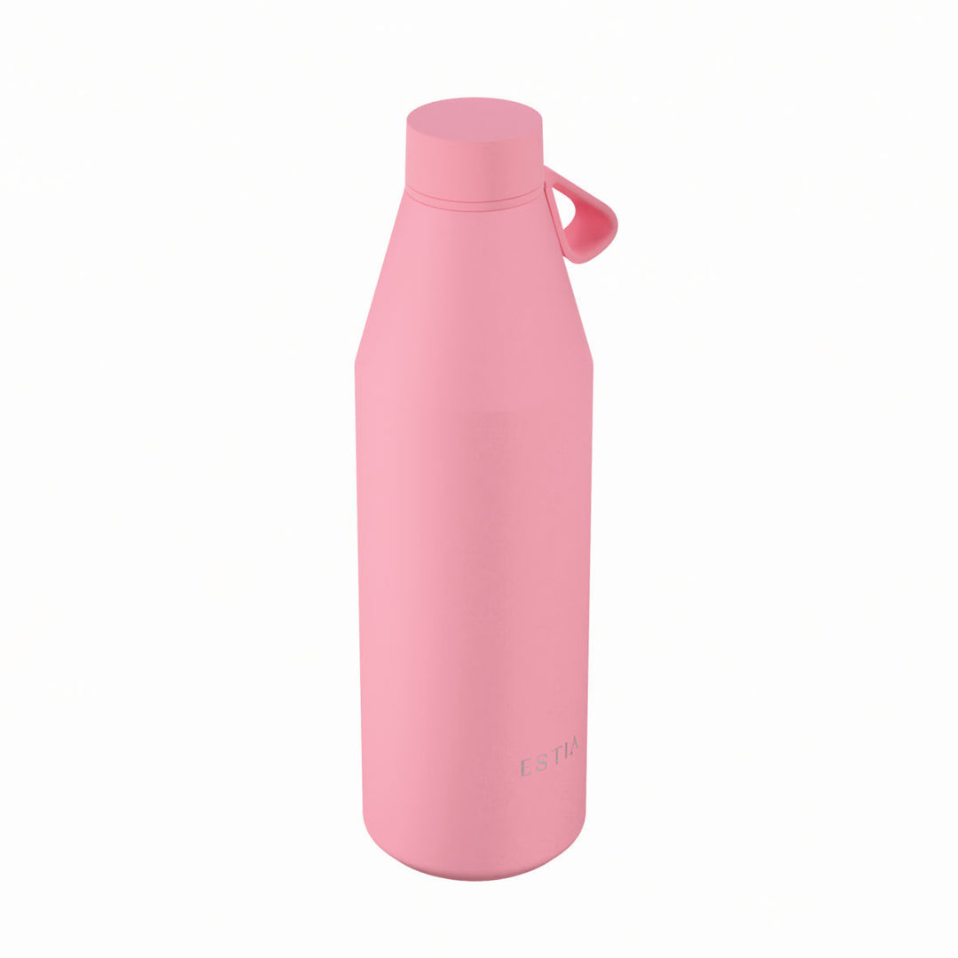 Πλάγια όψη θερμός Estia Flow Save The Aegean 800ml Rose σε απαλό ροζ χρώμα με εργονομικό σχεδιασμό και λουράκι σιλικόνης.