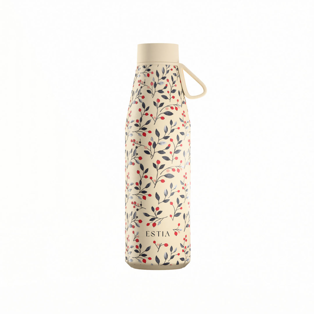 Θερμός Estia Flow Save The Aegean 500ml Bloom Beige σε εκρού χρώμα με σχέδιο από κλαδιά, φύλλα και κόκκινους καρπούς, με λουράκι σιλικόνης.