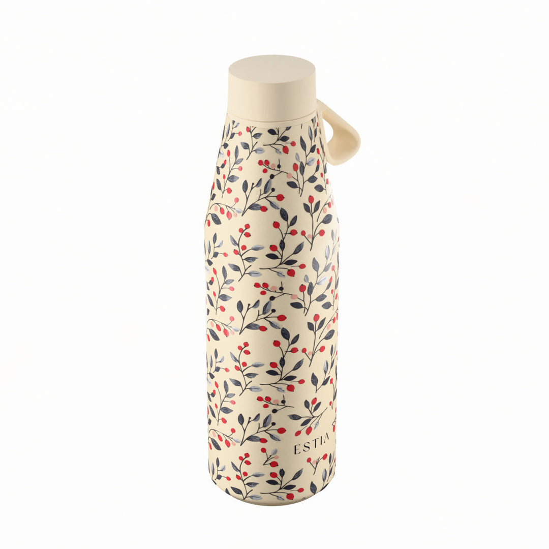 Πλάγια όψη θερμός Estia Flow Save The Aegean 500ml Bloom Beige με διακριτικό βοτανικό σχέδιο από φύλλα και κόκκινους καρπούς.