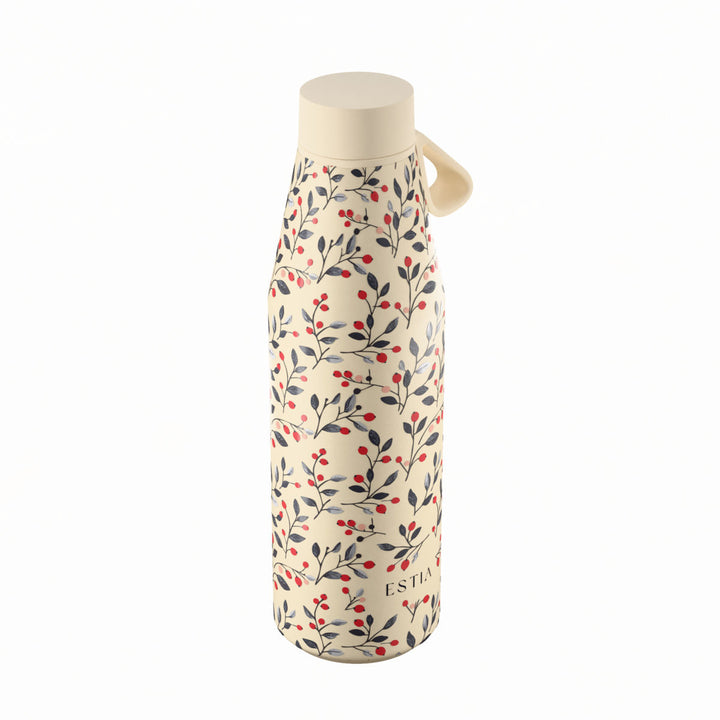 Πλάγια όψη θερμός Estia Flow Save The Aegean 500ml Bloom Beige με διακριτικό βοτανικό σχέδιο από φύλλα και κόκκινους καρπούς.