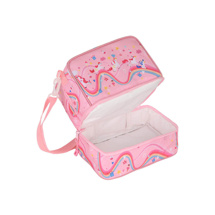 Ανοιχτή παιδική ισοθερμική τσάντα φαγητού Estia Save the Aegean 6L Rainbow Dreams που αναδεικνύει το ευρύχωρο μονωμένο εσωτερικό της.