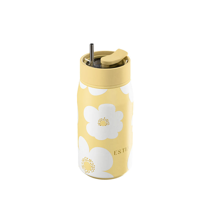 Πλάγια όψη του θερμός Estia Lens Save the Aegean Yellow Daisy με λευκό floral σχέδιο, καλαμάκι και εργονομικό καπάκι.