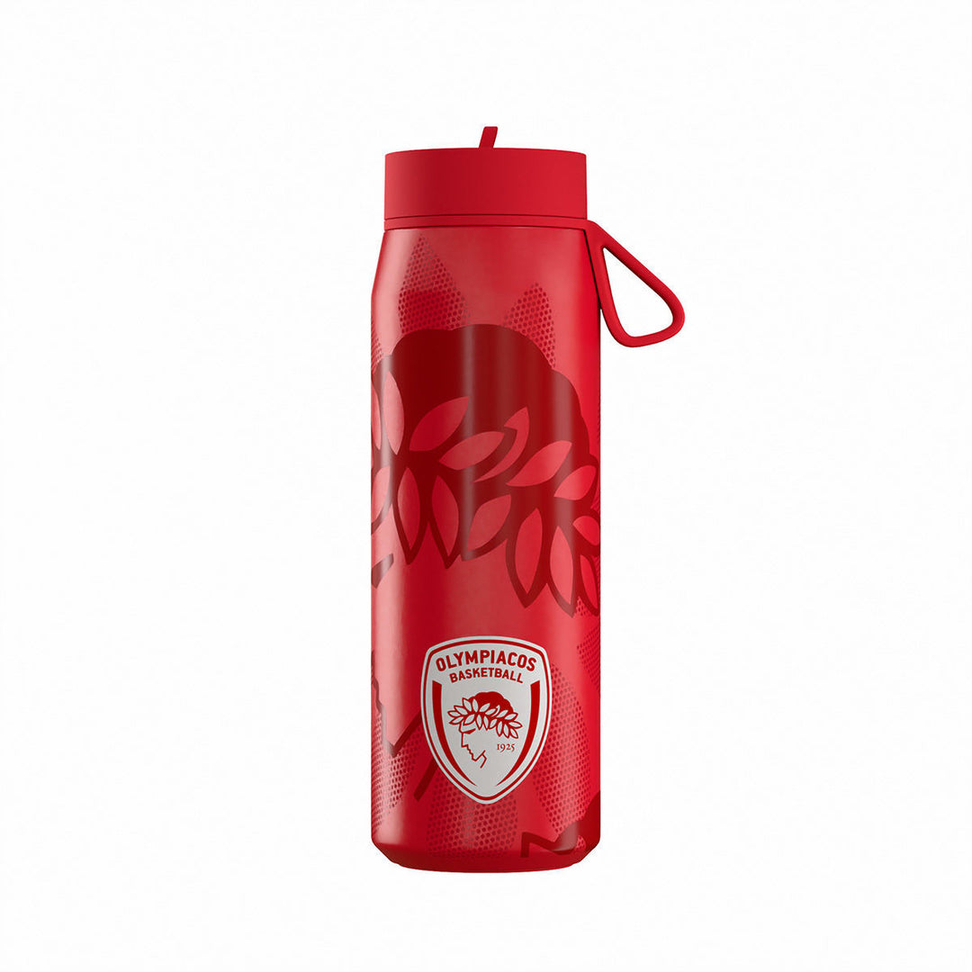 Κόκκινο μπουκάλι θερμός Pulse Estia Olympiacos BC Edition με έμβλημα Ολυμπιακού, στεγανό καπάκι και λουράκι μεταφοράς.
