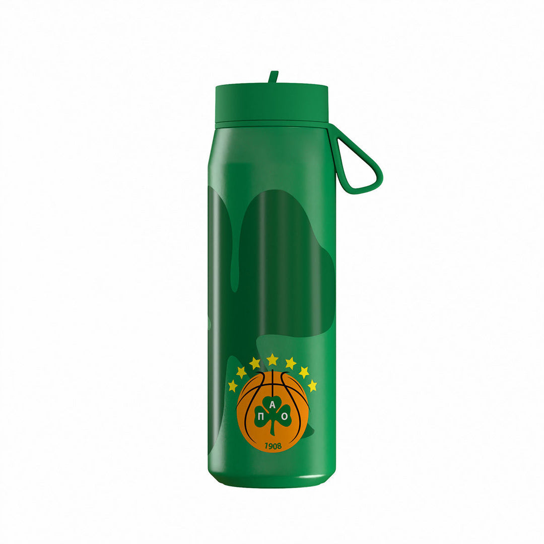 Πράσινο μπουκάλι θερμός Pulse Estia Panathinaikos BC Edition με έμβλημα Παναθηναϊκού, στεγανό καπάκι και λουράκι μεταφοράς.