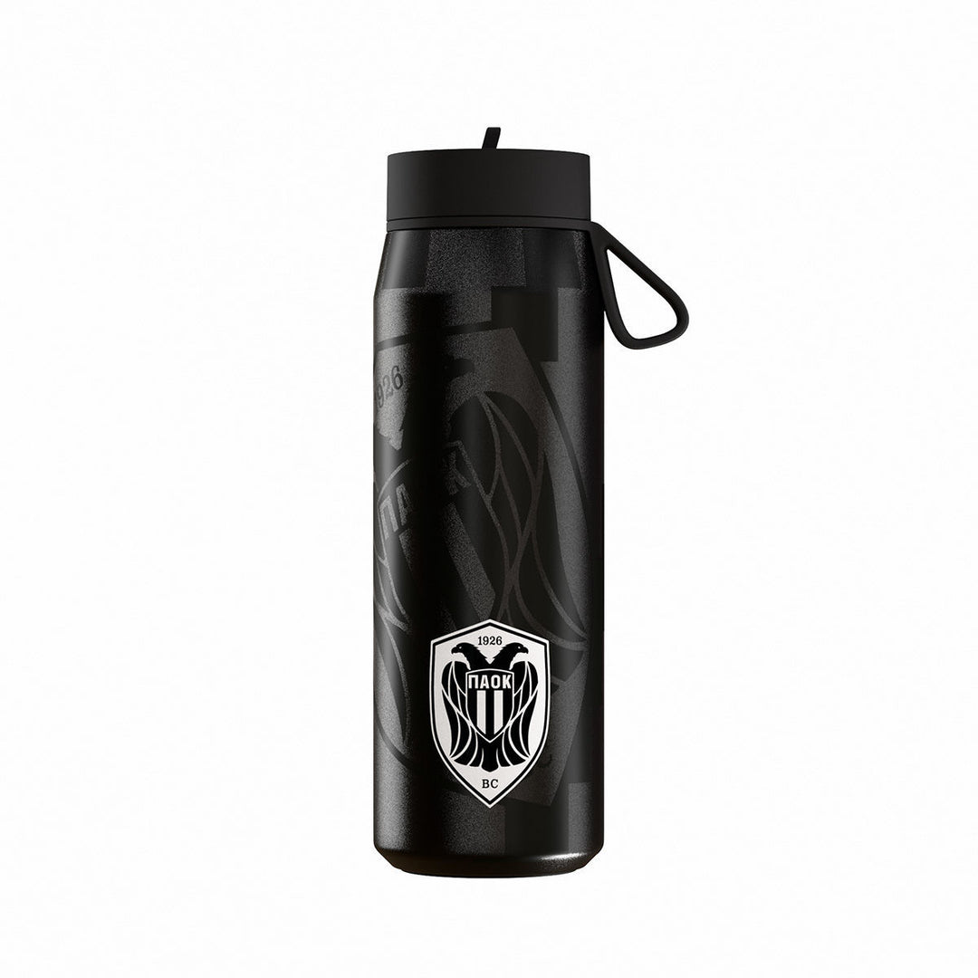 Μαύρο μπουκάλι θερμός Pulse Estia PAOK BC Edition με έμβλημα ΠΑΟΚ, στεγανό καπάκι και λουράκι μεταφοράς.