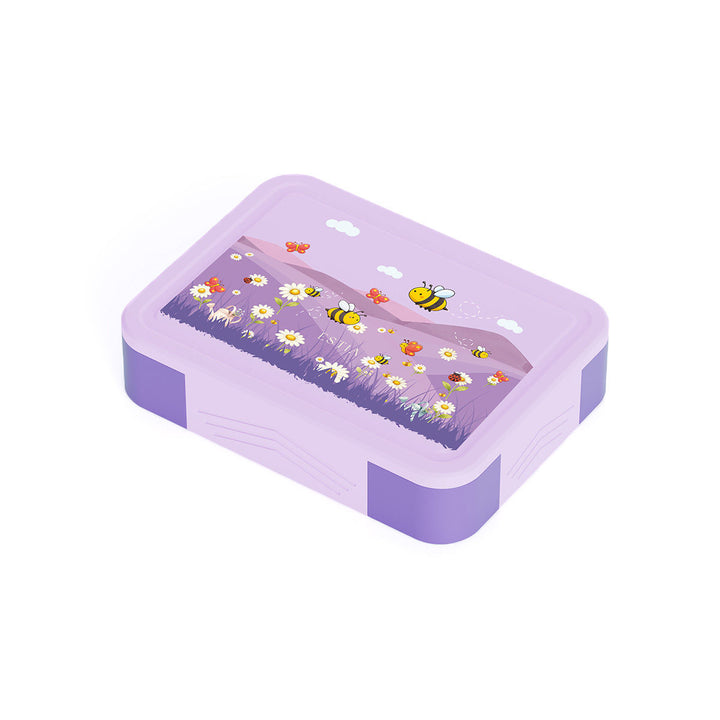 Παιδικό φαγητοδοχείο Save The Aegean Garden Friends Estia σε λιλά χρώμα, με σχέδιο μέλισσες, πεταλούδες και λουλούδια.