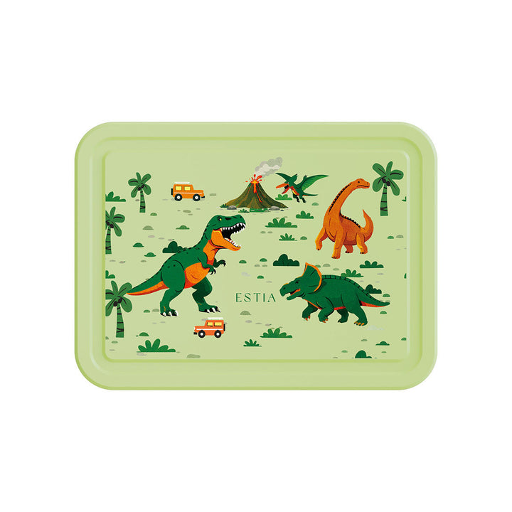 Πάνω όψη παιδικού φαγητοδοχείου Dino Explorer Estia με πράσινο καπάκι, πολύχρωμους δεινόσαυρους, φοίνικες και ηφαίστειο.