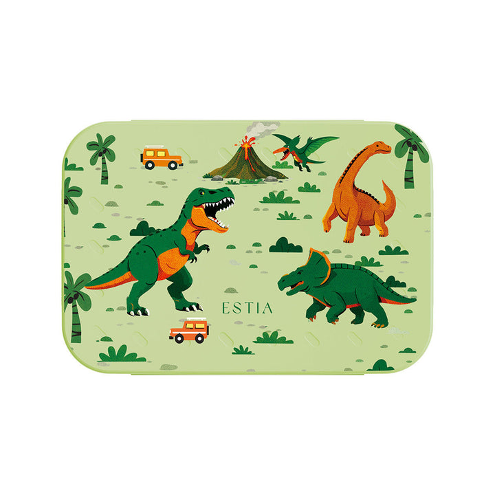 Πάνω όψη παιδικού φαγητοδοχείου Dino Explorer Estia σε πράσινη απόχρωση με πολύχρωμους δεινόσαυρους, φοίνικες και ηφαίστειο.