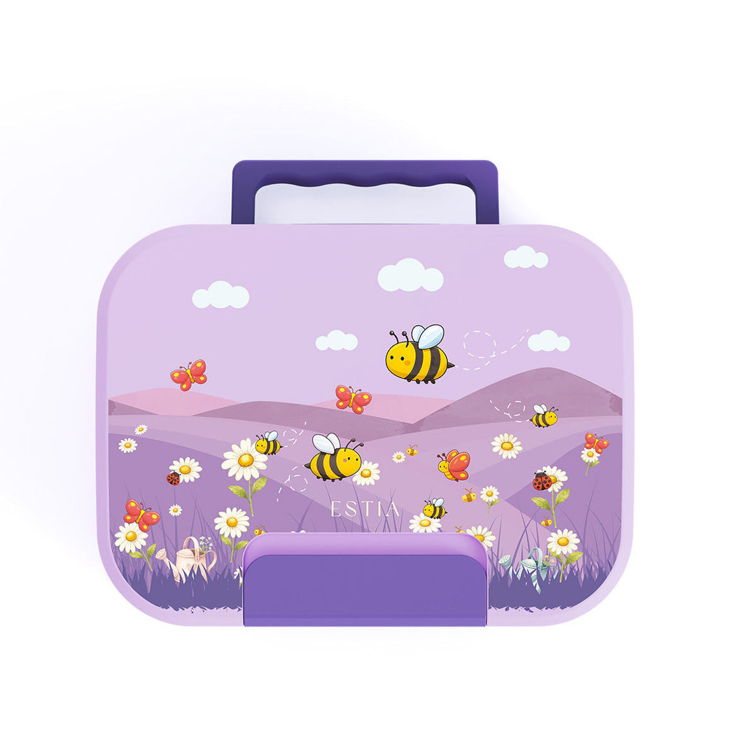 Μπροστινή όψη παιδικού φαγητοδοχείου Garden Friends Estia σε λιλά και μωβ αποχρώσεις με λουλούδια, μέλισσες και πεταλούδες.