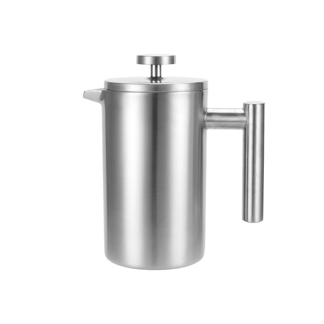 Ανοξείδωτη καφετιέρα French Press Estia Presso σε ασημί χρώμα, μπροστινή όψη με κυλινδρικό σχεδιασμό, λαβή και καπάκι με έμβολο.