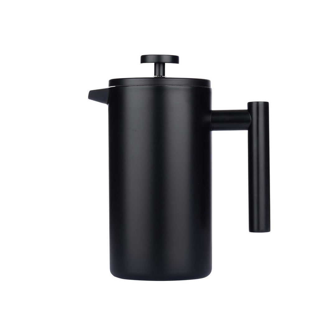 Ανοξείδωτη καφετιέρα French Press Estia Presso σε μαύρο χρώμα, μπροστινή όψη με κυλινδρικό σχεδιασμό, λαβή και καπάκι με έμβολο.