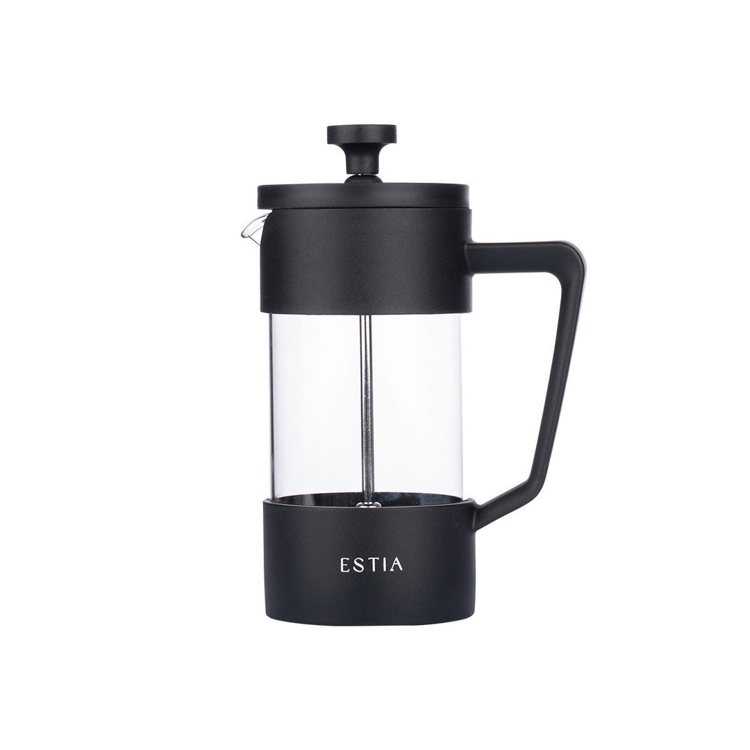 Γυάλινη καφετιέρα French Press Estia Vetro σε μαύρο χρώμα, με διάφανο δοχείο, εργονομική λαβή, καπάκι και έμβολο πίεσης.