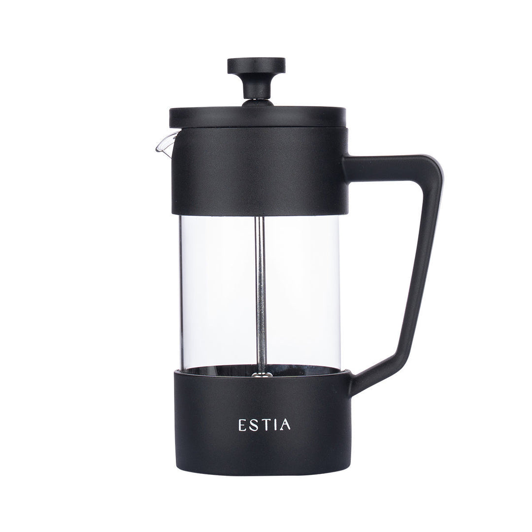 Γυάλινη καφετιέρα French Press Estia Vetro σε μαύρο χρώμα, με διάφανο δοχείο, μαύρη λαβή, καπάκι και έμβολο πίεσης.