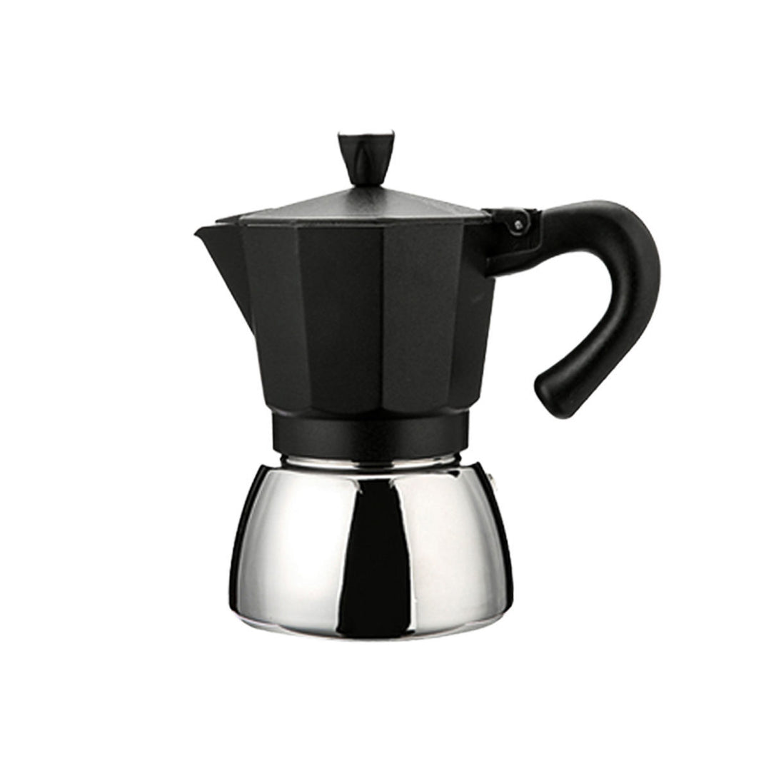 Καφετιέρα espresso moka Estia Grano σε μαύρο και ασημί χρώμα, με μεταλλικό σώμα, μαύρη λαβή και καπάκι.
