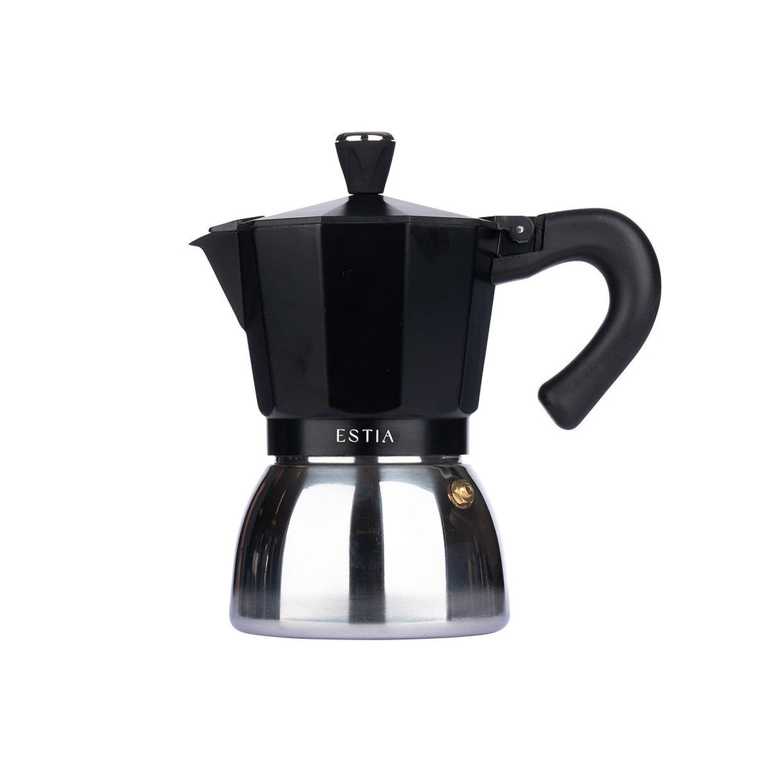 Καφετιέρα espresso moka Estia Grano σε μαύρο και ασημί χρώμα, με μεταλλικό σώμα, μαύρη εργονομική λαβή, καπάκι και βαλβίδα ασφαλείας.
