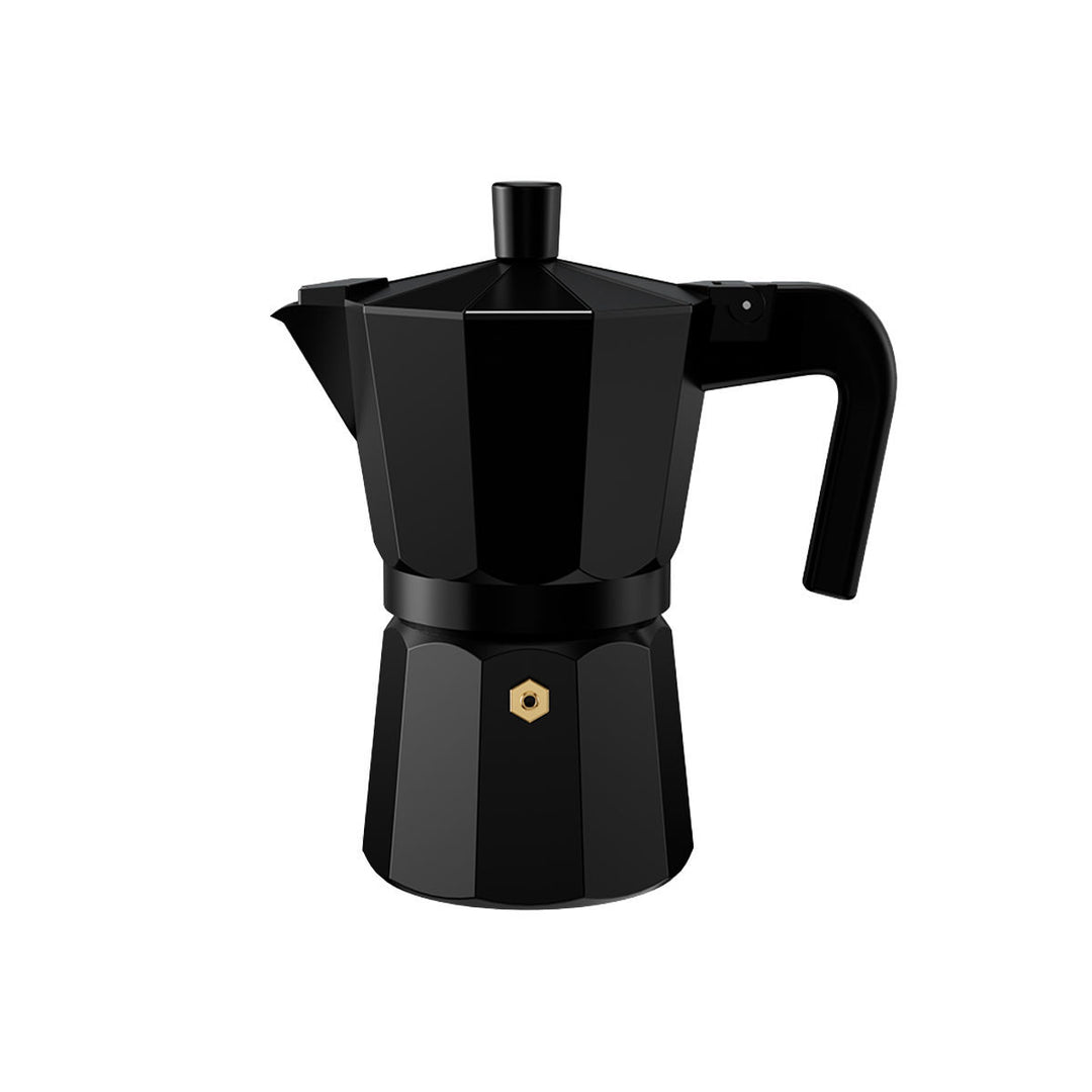 Καφετιέρα espresso moka Estia Trieste σε μαύρο χρώμα, με πολυγωνικό σχεδιασμό, μαύρη λαβή, καπάκι και βαλβίδα ασφαλείας.