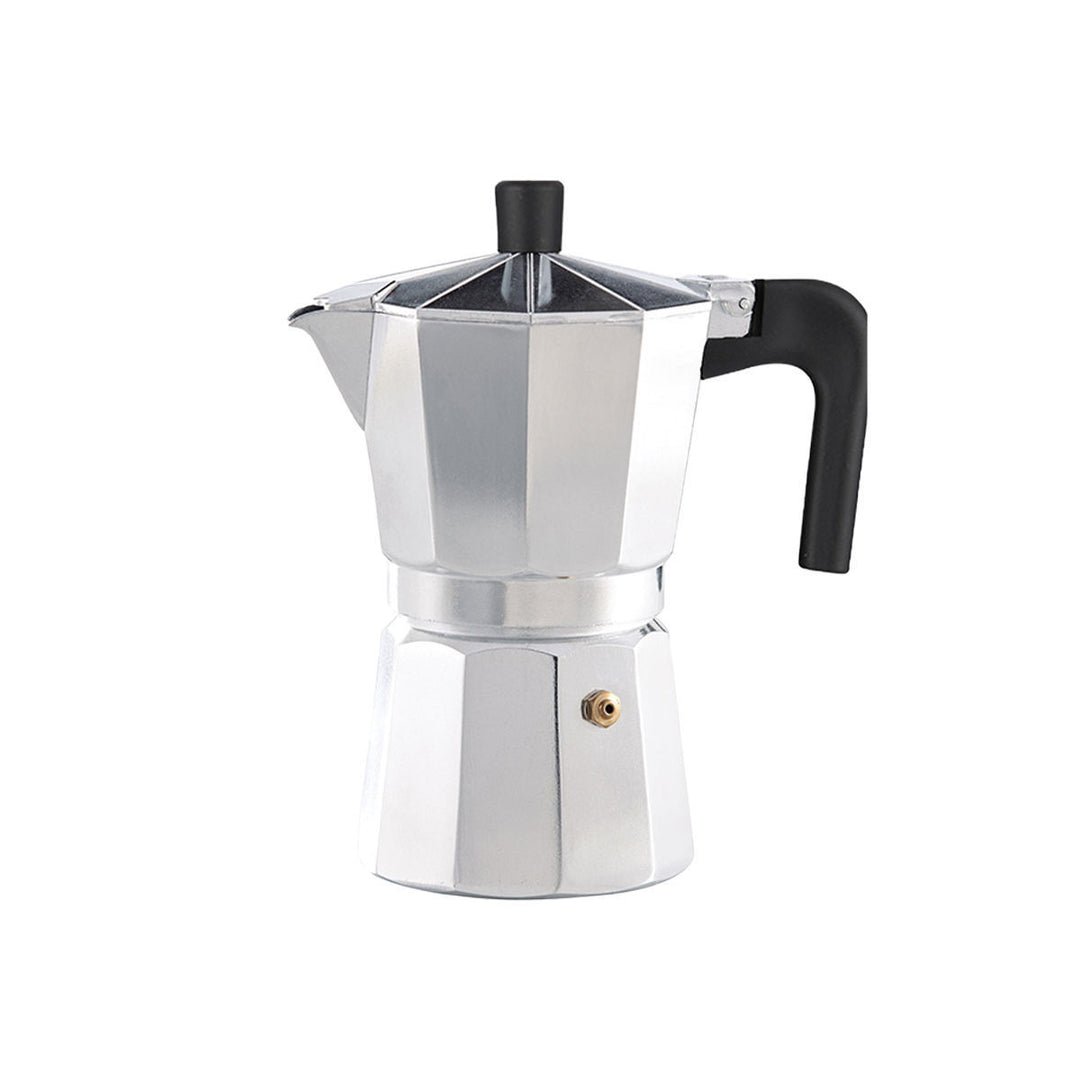Καφετιέρα espresso moka Estia Trieste σε ασημί χρώμα, με πολυγωνικό μεταλλικό σώμα, μαύρη λαβή, καπάκι και βαλβίδα ασφαλείας.
