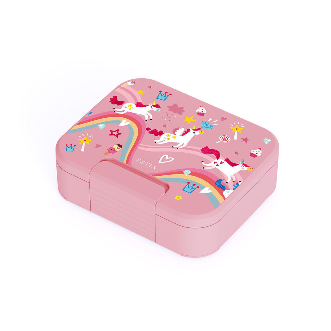 Παιδικό φαγητοδοχείο Save The Aegean Rainbow Dreams Estia σε ροζ χρώμα, με πολύχρωμο σχέδιο με μονόκερους, ουράνια τόξα και αστέρια.