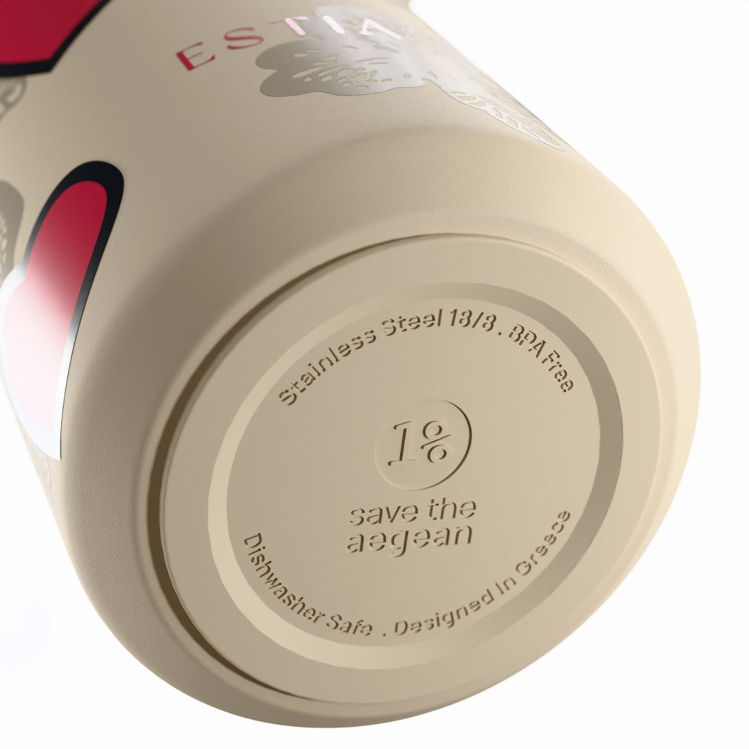 Estia Μπουκάλι Θερμός με Καλαμάκι Pulse 500ml Μπεζ με Κόκκινες Καρδιές Save the Aegean Tender Lace