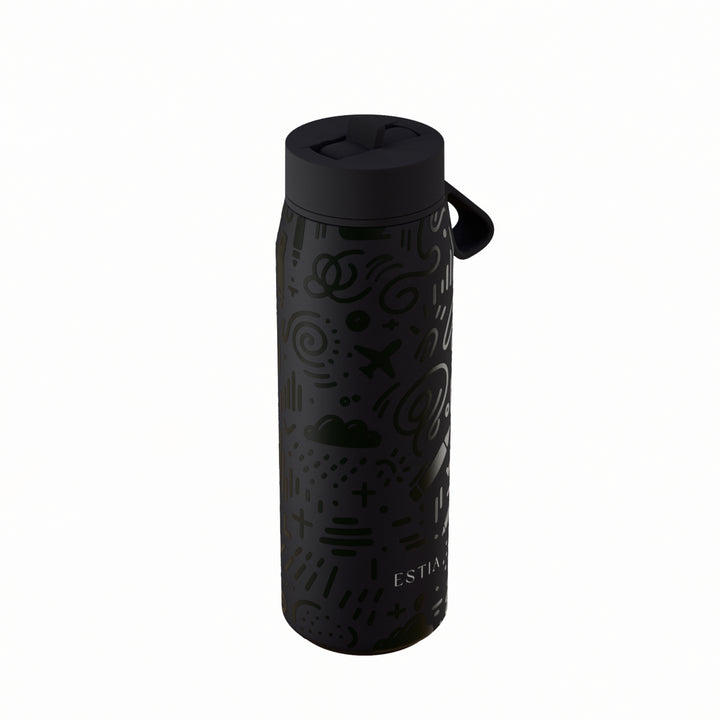 Estia Μπουκάλι Θερμός με Καλαμάκι Pulse 500ml Μαύρο με Ανάγλυφα Σχέδια Save the Aegean Noir Echo