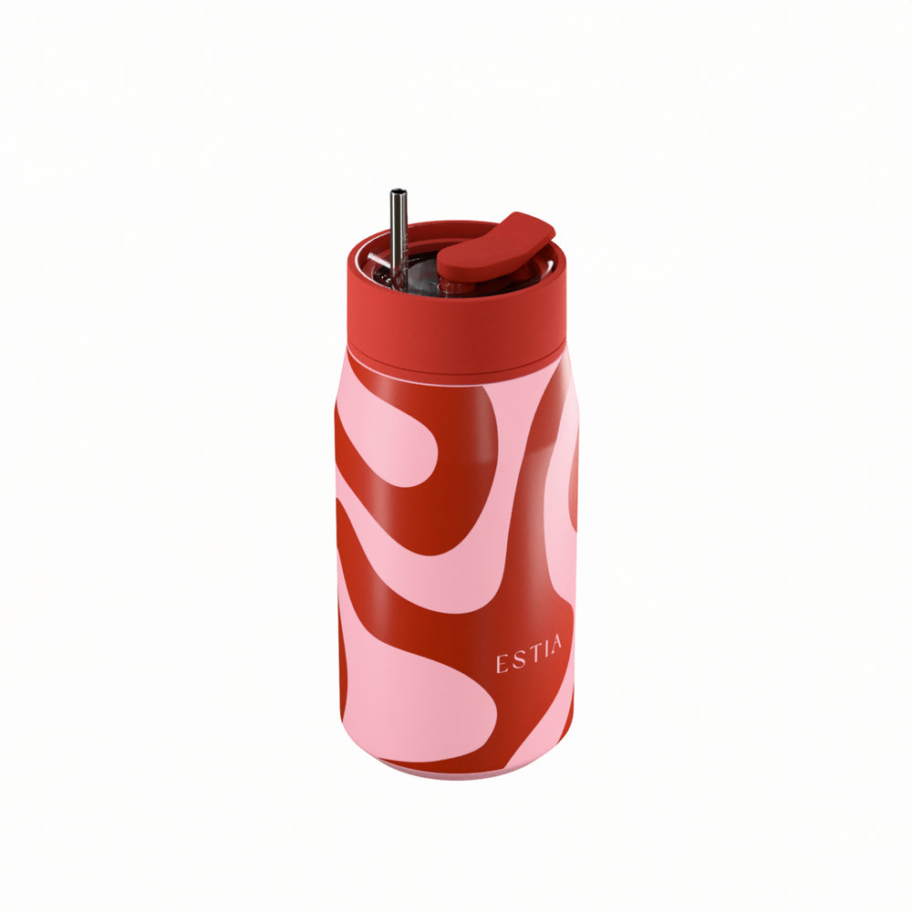 Estia Ποτήρι Θερμός με Ανοξείδωτο Καλαμάκι 360ml Κόκκινο-Ροζ Lens Save the Aegean Coral Waves