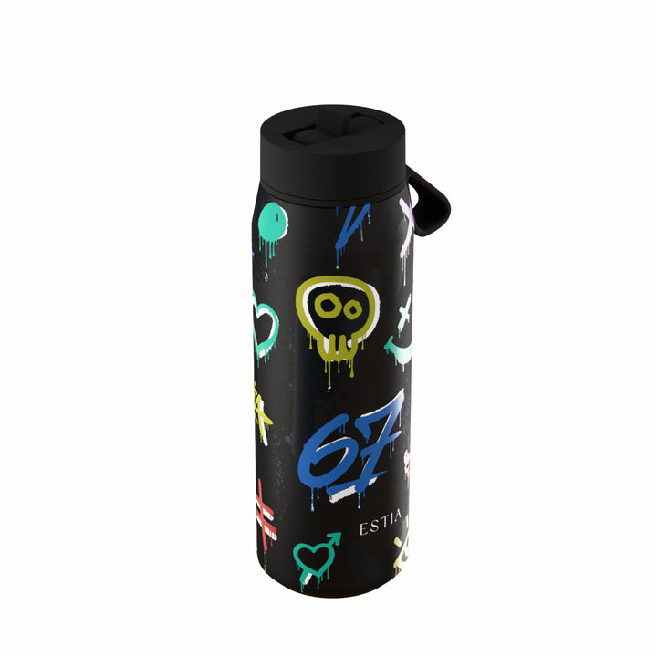 Estia Μπουκάλι Θερμός με Καλαμάκι Pulse 500ml Μαύρο με Σχέδιο Graffiti Save the Aegean Six Seven