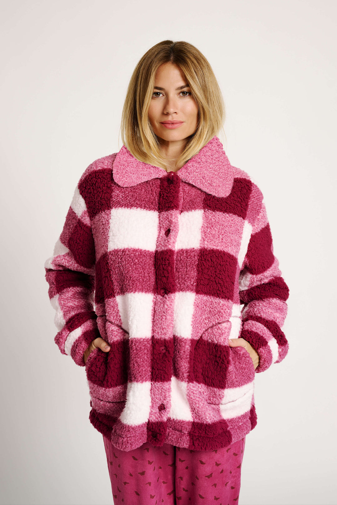 Γυναικεία Ζακέτα Ροζ-Λευκό Καρό Κουμπωτή Fleece Muy Demi