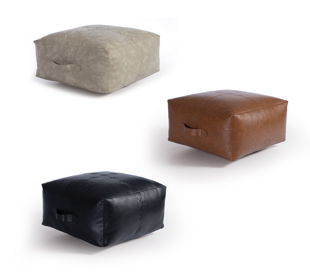 Γκρι, καφέ και μαύρο πουφ με μοντέρνο  design σε λευκό φόντο. 