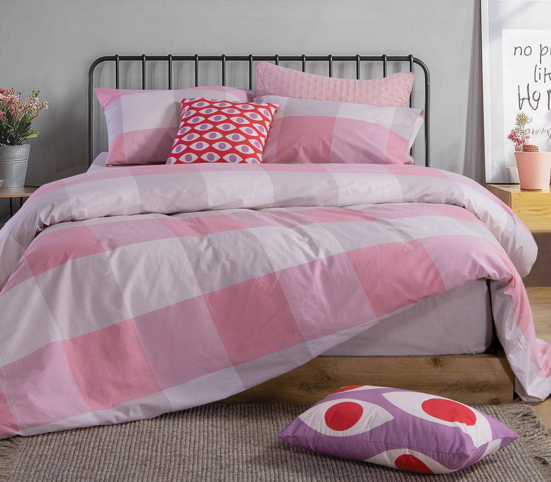Σετ Σεντόνια Διπλά Ροζ-Λευκό Casual Check 200X270 Nef-Nef Homeware