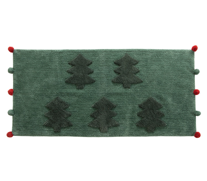 Πράσινο χαλάκι μπάνιου με ανάγλυφα χριστουγεννιάτικα δέντρα και διακοσμητικές φουντίτσες στα άκρα, σε festive σκούρα απόχρωση.