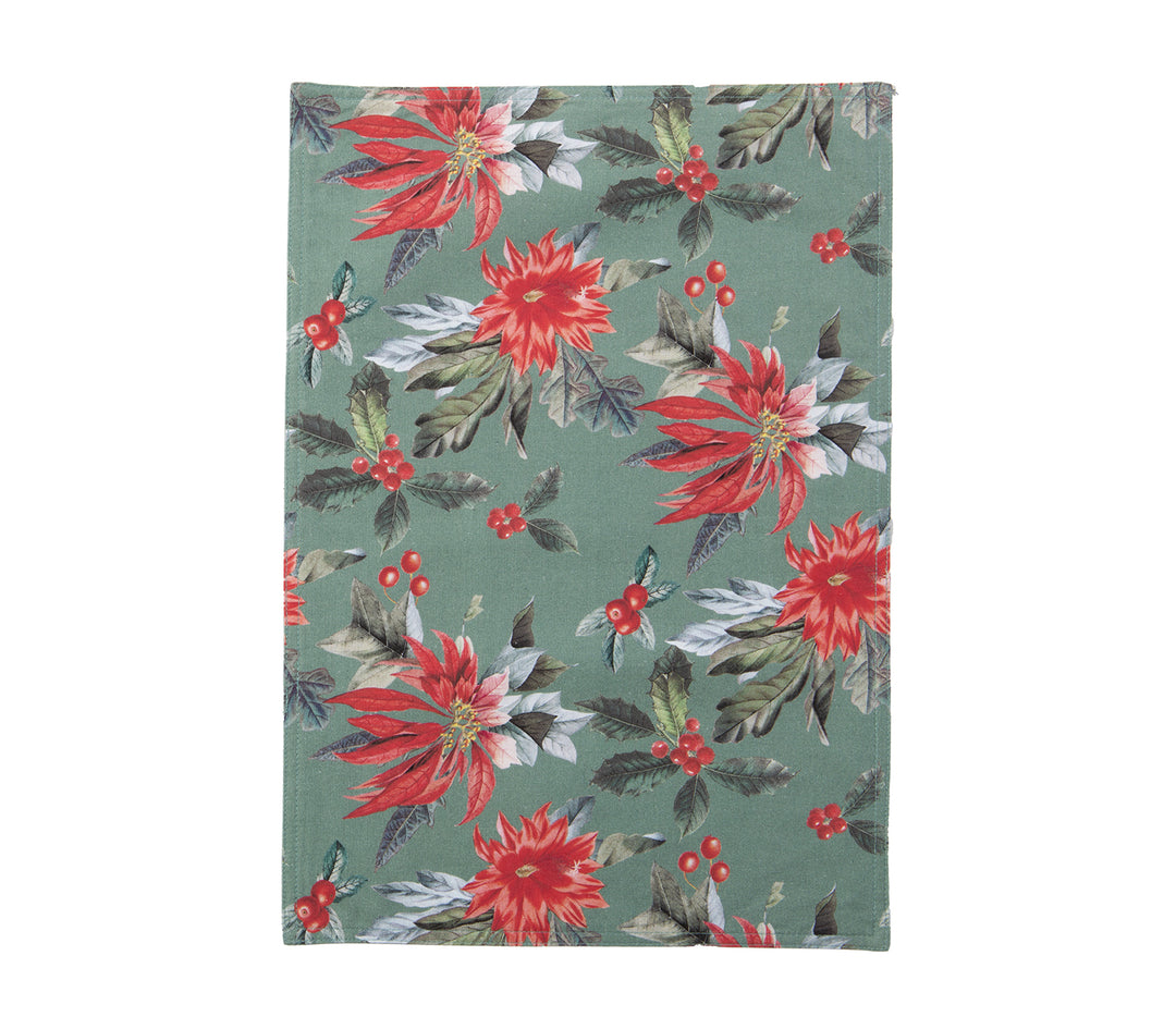 Σουπλά με πράσινη βάση και σχέδιο κόκκινες αλεξανδρινές και φύλλα, σε έντονο χριστουγεννιάτικο ύφος.