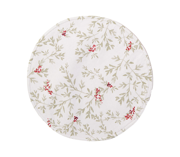Λευκό στρογγυλό σουπλά με μοτίβο από πράσινα κλαδιά και κόκκινες ραγές, σε χριστουγεννιάτικο ύφος.