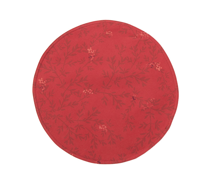 Κόκκινο στρογγυλό σουπλά με διακριτικά σχέδια κλαδιών και μούρων, ιδανικό για γιορτινό τραπέζι.