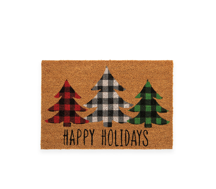 Χριστουγεννιάτικο χαλάκι εισόδου σε φυσικό χρώμα με τρία καρό έλατα σε κόκκινο, γκρι και πράσινο και τη φράση “Happy Holidays”