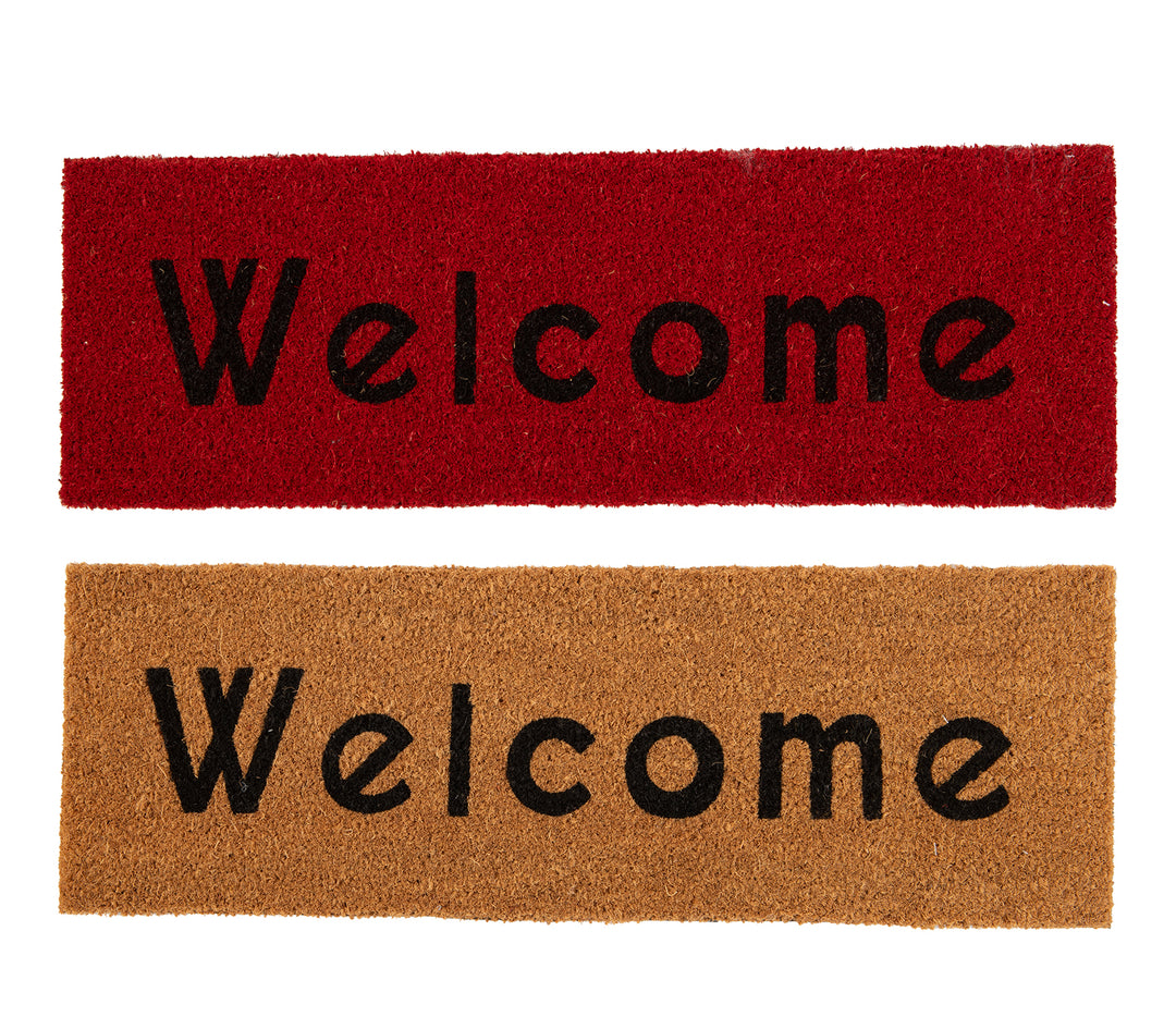 Καφέ και κόκκινο χαλάκι εισόδου από φυσική ίνα με μαύρη επιγραφή Welcome.