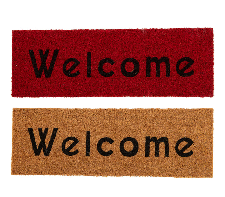 Καφέ και κόκκινο χαλάκι εισόδου από φυσική ίνα με μαύρη επιγραφή Welcome.