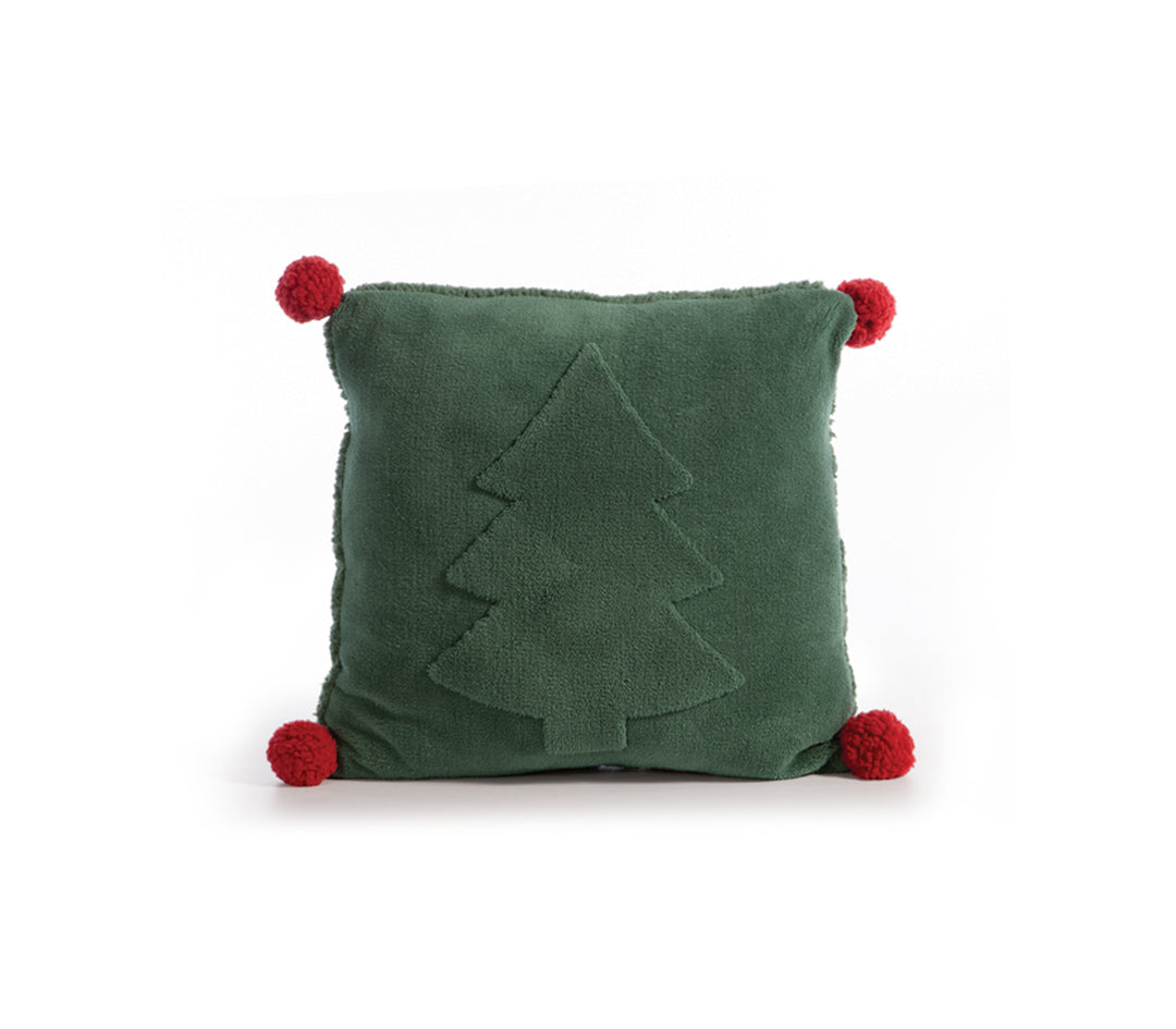 Πράσινο χριστουγεννιάτικο διακοσμητικό μαξιλάρι με ανάγλυφο σχέδιο έλατου και κόκκινες φουντίτσες στις τέσσερις γωνίες