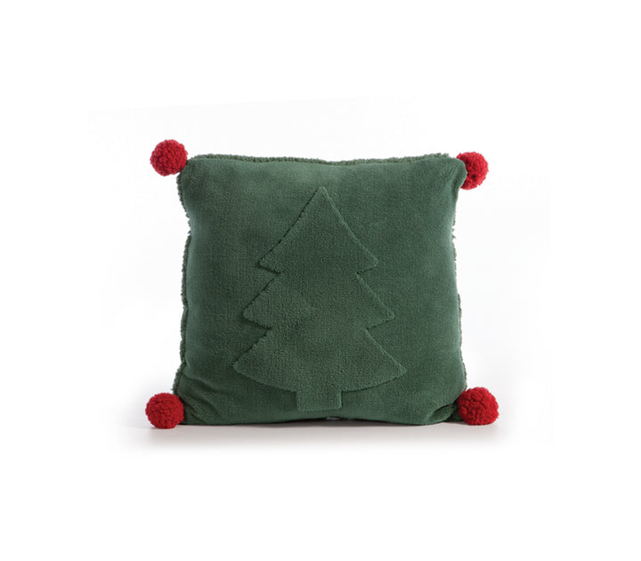 Πράσινο χριστουγεννιάτικο διακοσμητικό μαξιλάρι με ανάγλυφο σχέδιο έλατου και κόκκινες φουντίτσες στις τέσσερις γωνίες