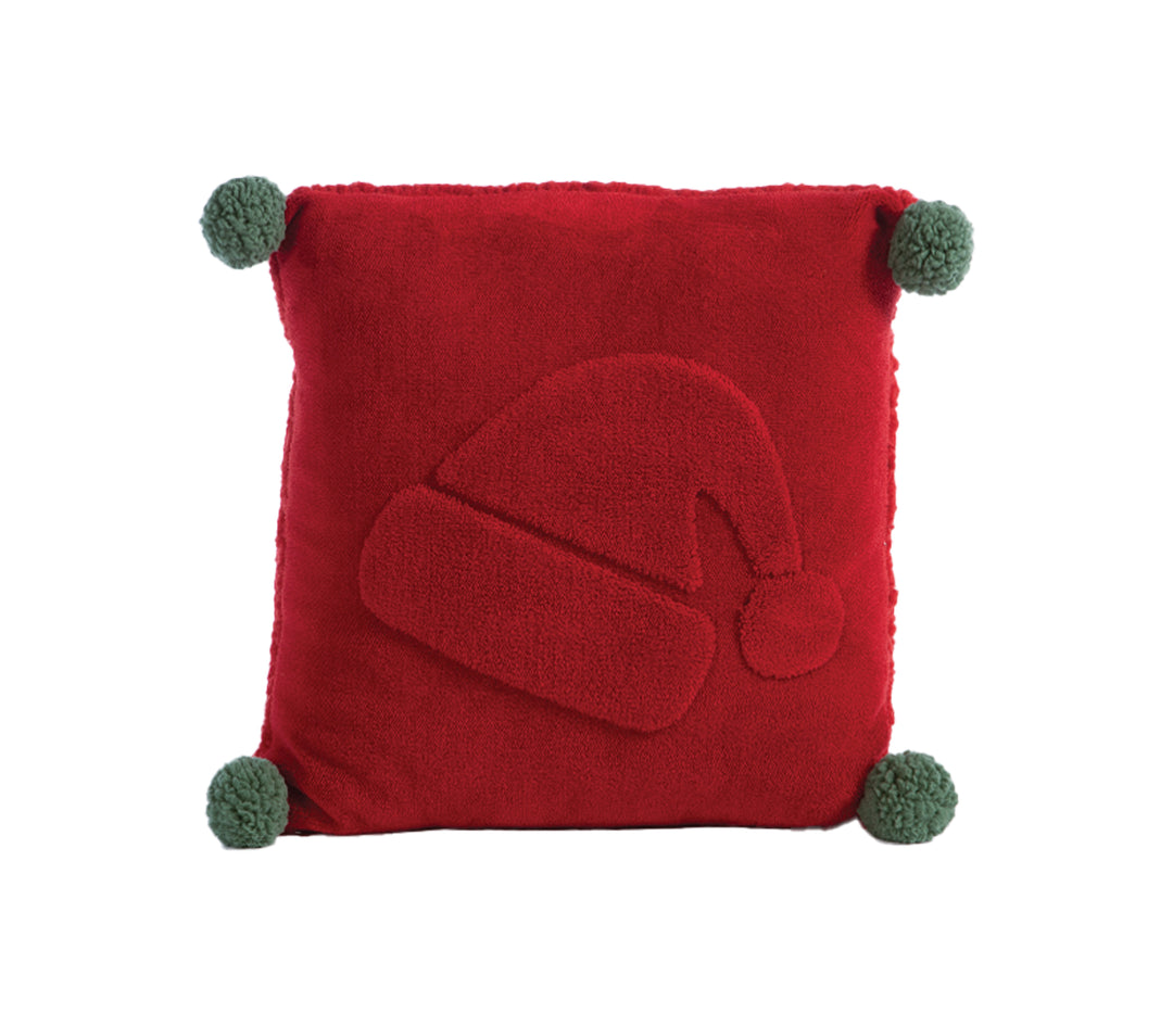 Κόκκινο χριστουγεννιάτικο διακοσμητικό μαξιλάρι με ανάγλυφο σχέδιο σκούφου Άγιου Βασίλη και πράσινες φουντίτσες στις τέσσερις γωνίες