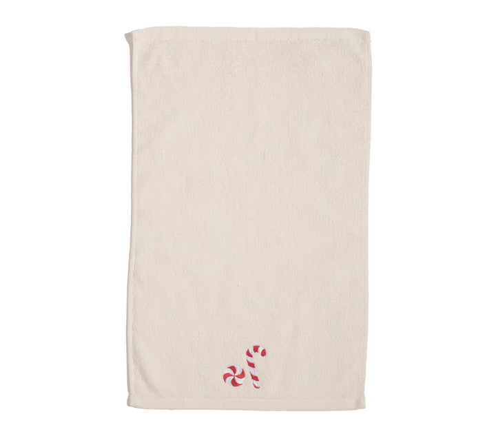 Εκρού πετσέτα της εταιρείας Nef Nef Homeware με διακριτικό κέντημα σε σχήμα candy cane σε κόκκινο και λευκό χρώμα.