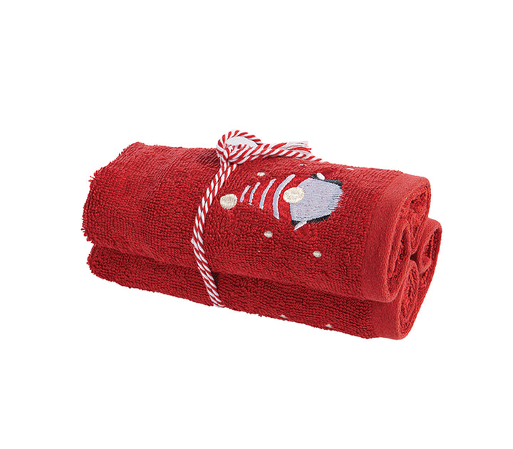 Πετσέτα σε έντονη κόκκινη απόχρωση, διακοσμημένη με κέντημα νάνου και δεμένη με κόκκινο και λευκό κορδόνι, της εταιρείας Nef Nef Homeware.