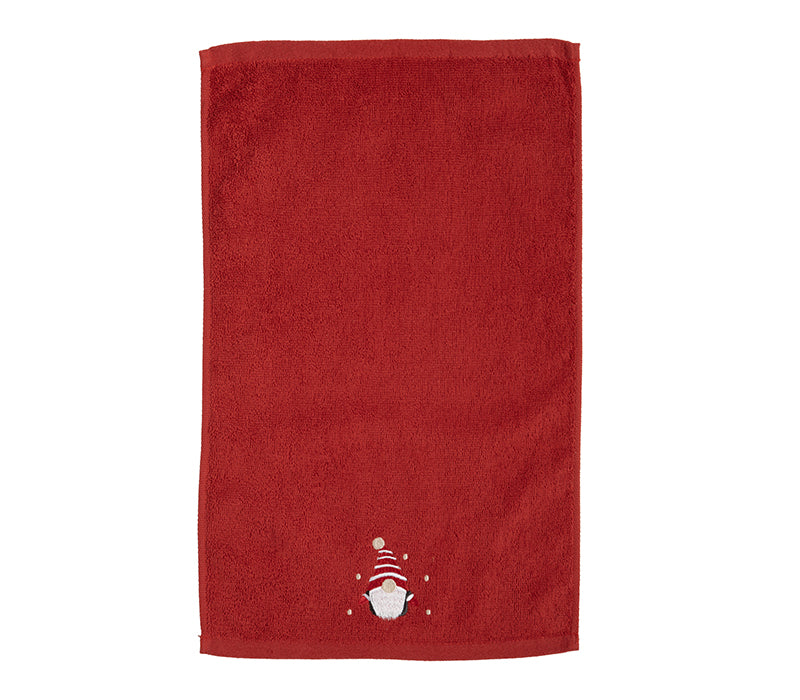 Κόκκινη πετσέτα της εταιρείας Nef Nef Homeware με κεντημένο γιορτινό σχέδιο νάνου στο κάτω μέρος.