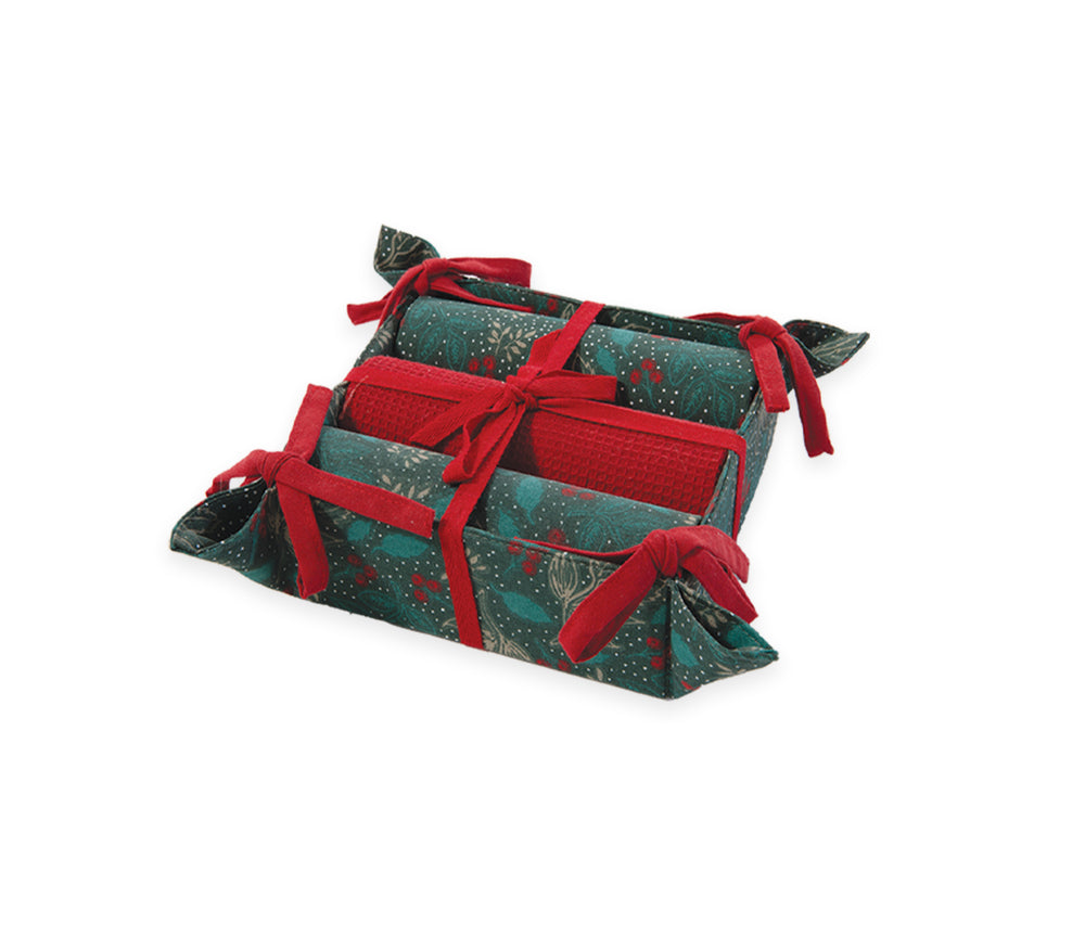 Χριστουγεννιάτικο Καλάθι με Σετ Ποτηρόπανα Multicolor 3τμχ Leaves 40X70 Nef-Nef Homeware