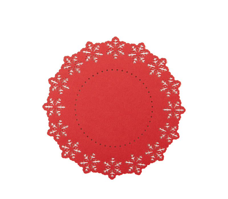 Κόκκινο στρογγυλό χριστουγεννιάτικο σουπλά με κοπτικά σχέδια από νιφάδες χιονιού στην περίμετρο.